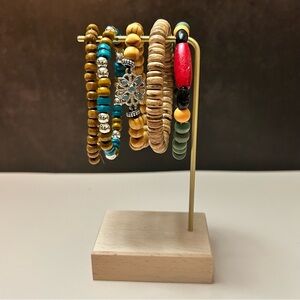 5 Piece Multicolor Brown Silver Green Turquoise Beaded Bracelet Set